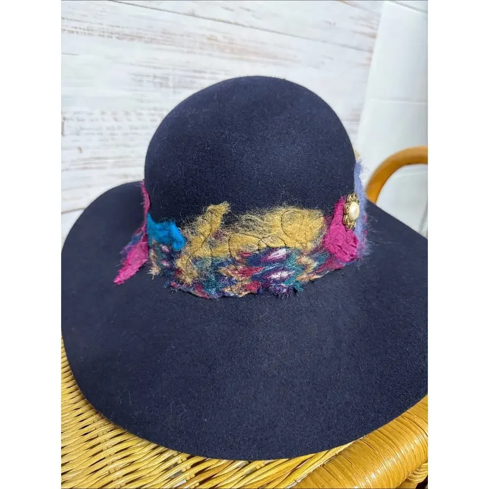 MaxiPink Wool Art Hat Navy Pink Yellow Blue